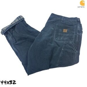 Carhartt Men Size 44 x 32 Pants Black Duck Canvas Jeans Flannel Lined Straight